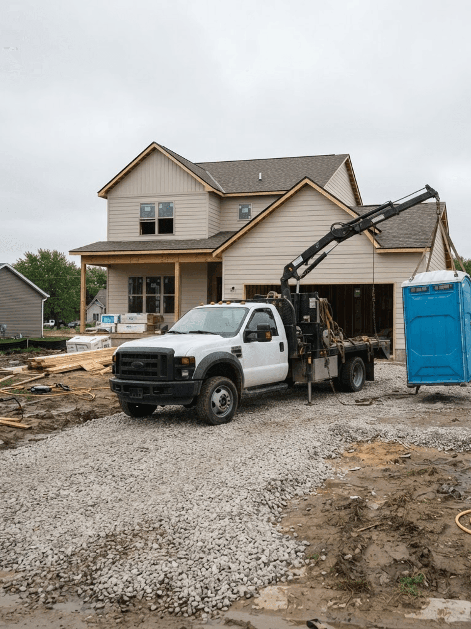 A service truck delivering a portable restroom to a construction site