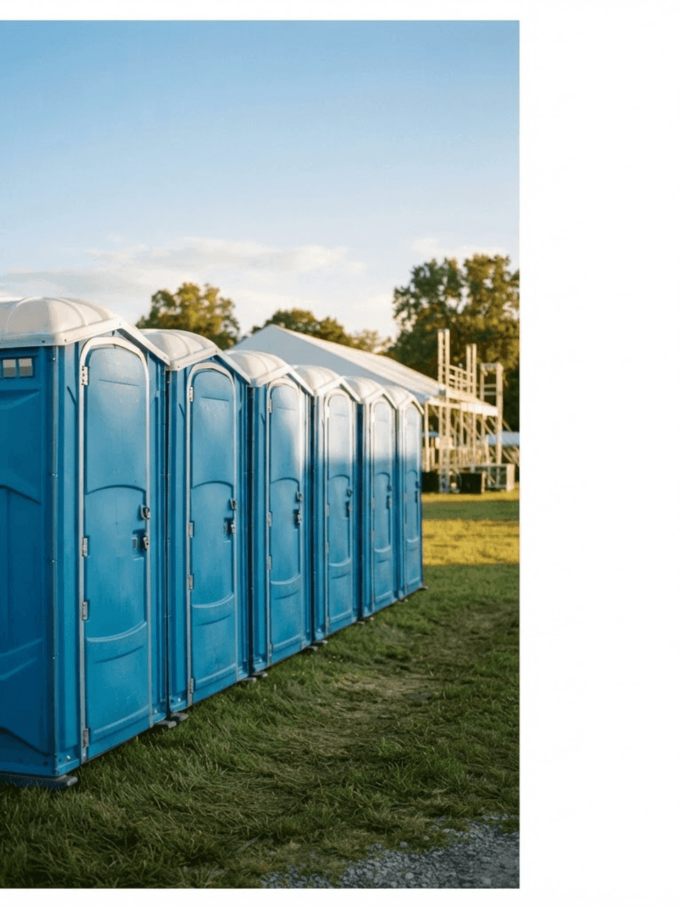 A row of portable restroom units on grass at an outdoor event