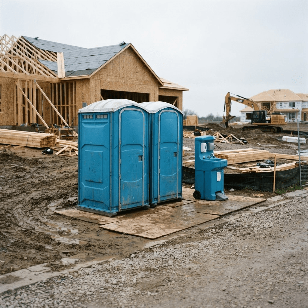Row of portable restrooms and a handwashing station staged at the edge of an active residential construction site