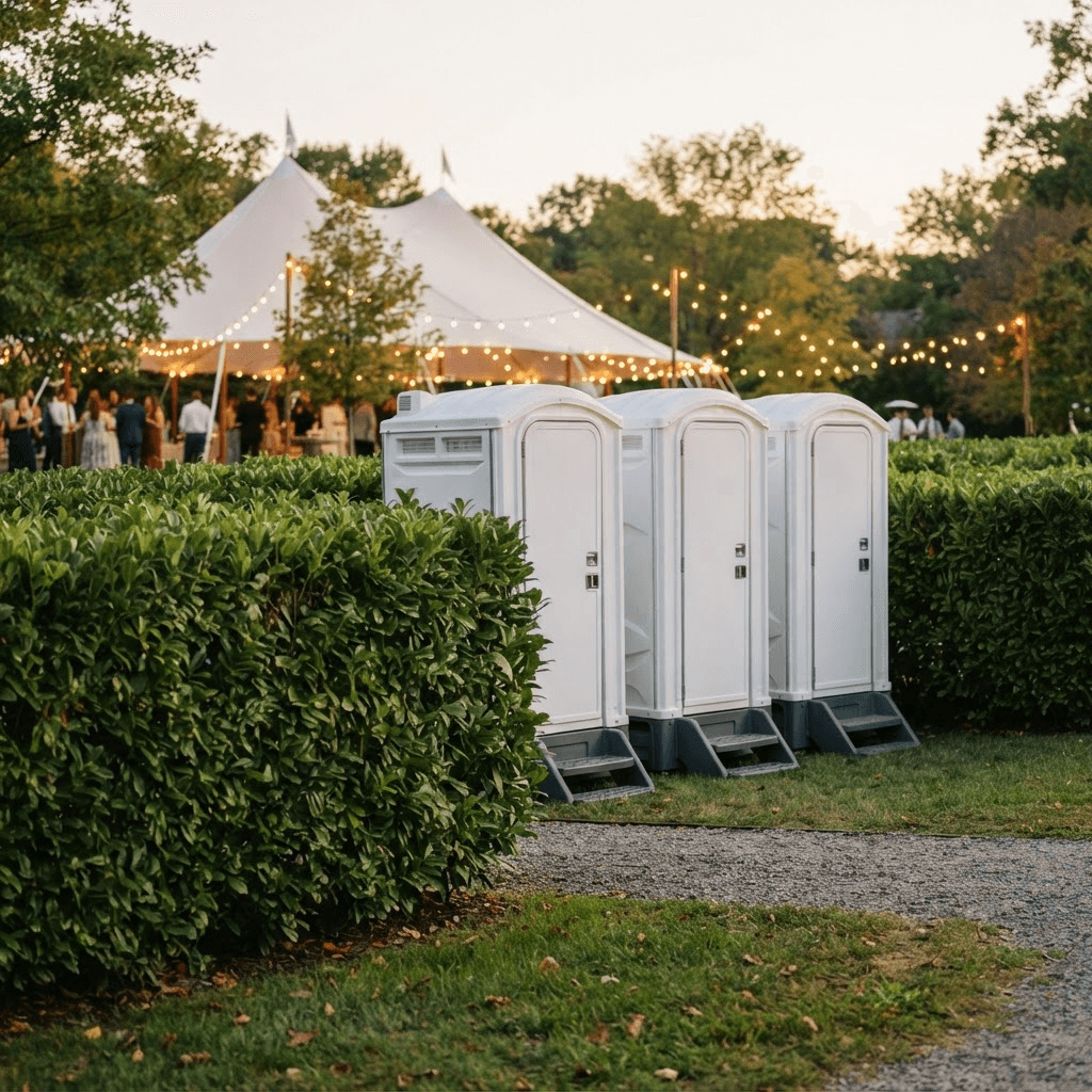 Clean white portable restrooms placed discreetly behind landscaping at an outdoor event with a tent and string lights
