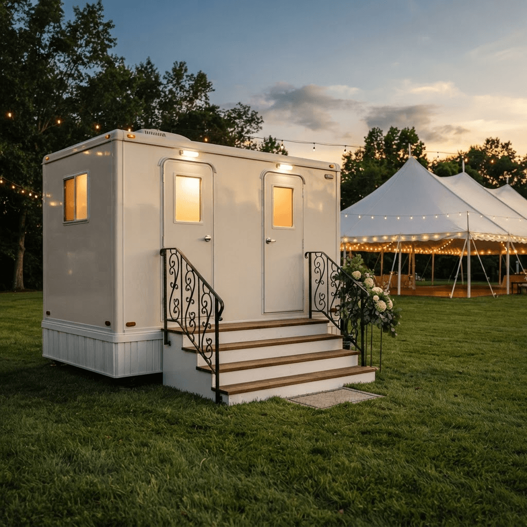 White two-station restroom trailer with steps and handrails parked on a level lawn beside a wedding tent at dusk