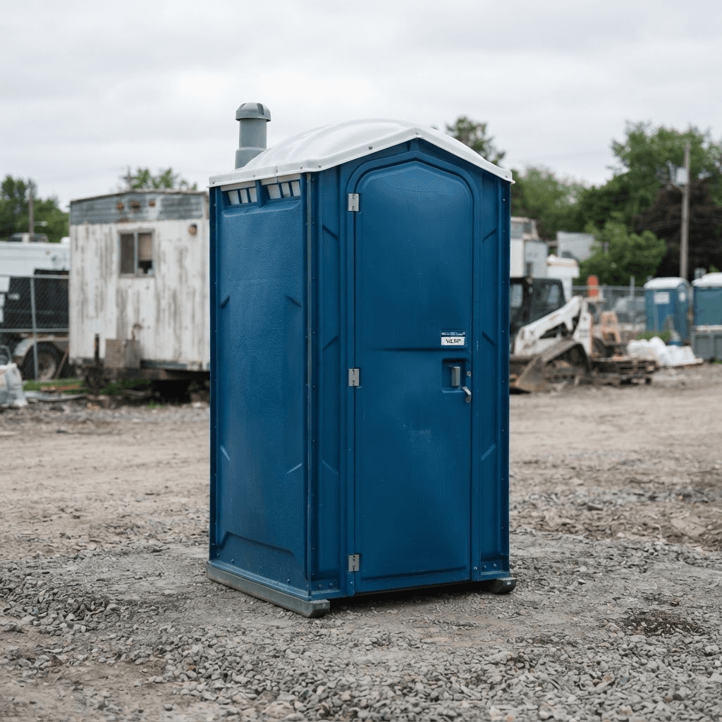 Blue standard portable restroom unit standing on a gravel construction pad with a work trailer behind it